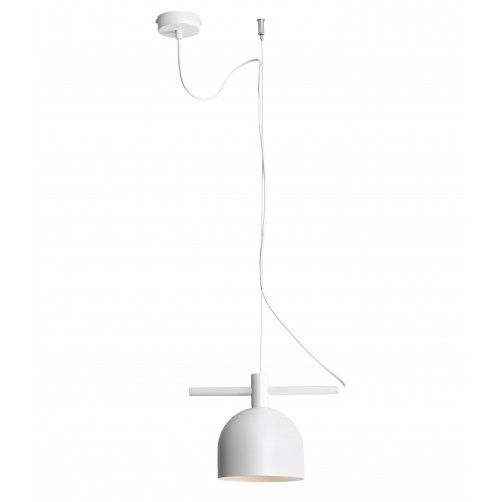 biała lampa wisząca z metalowym kloszem