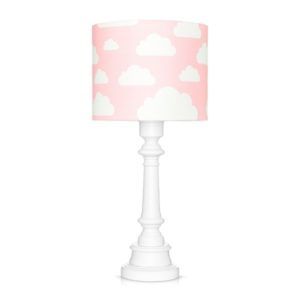 Różowa lampa stołowa Chmurki - biała, drewniana podstawa
