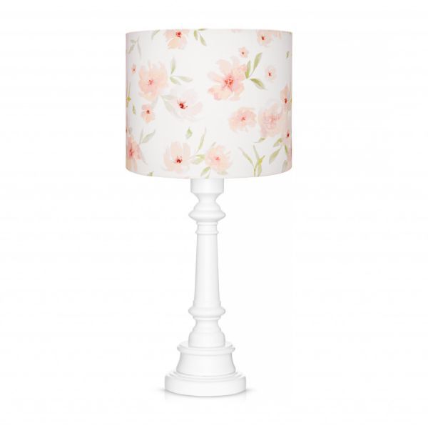 Biała lampa stołowa Blossom - bawełniany abażur, drewniana podstawa