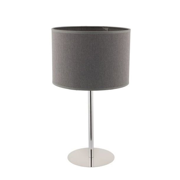 srebrna lampa stołowa z szarym abażurem