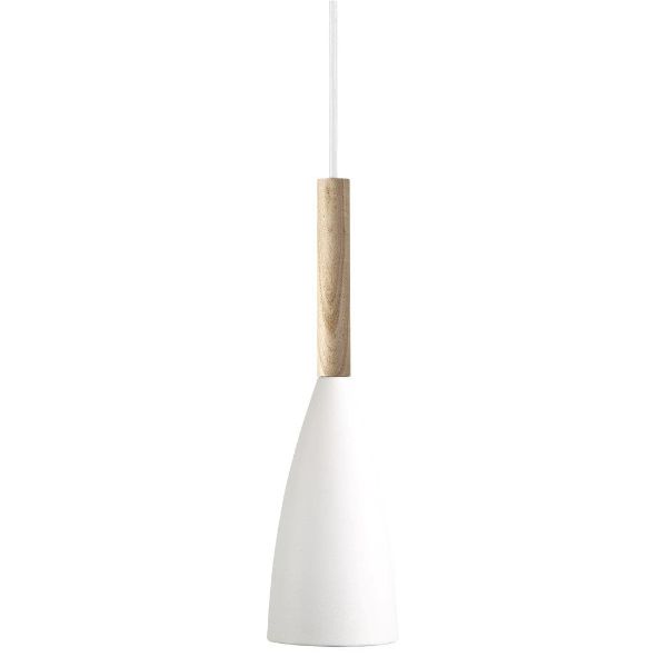 biała lampa wisząca z drewnianym detalem