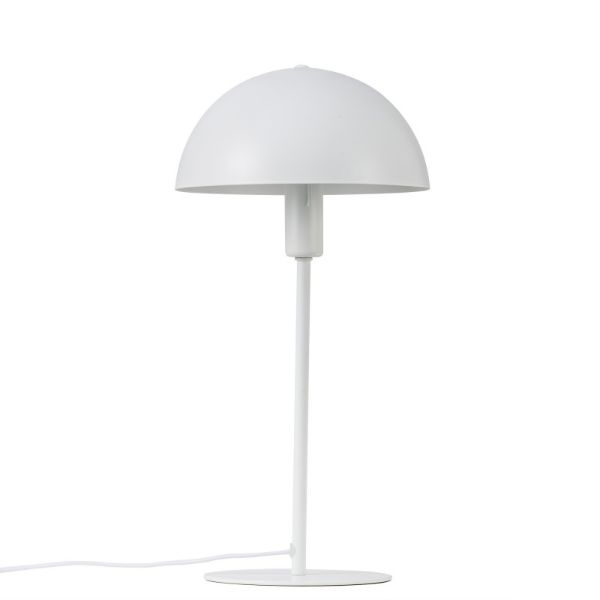 biała lampa stołowa z metalowym kloszem