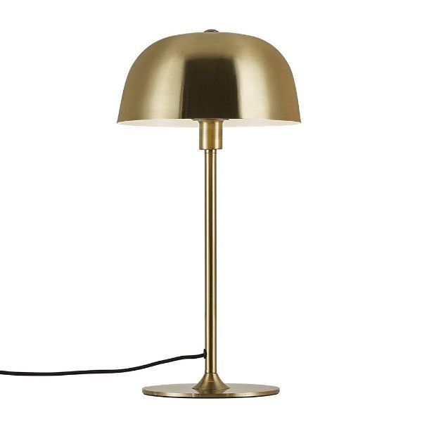złota lampa stołowa z głębokim kloszem