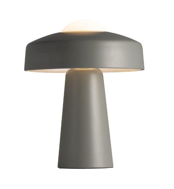 designerska szara lampa stołowa