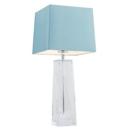szklana lampa stołowa z błękitnym abażurem