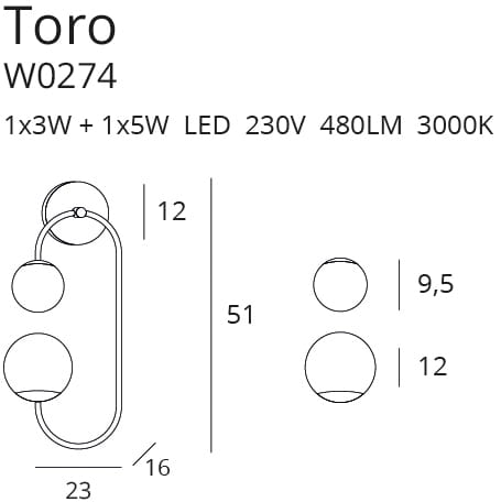 Złoty kinkiet Toro - LED, szklane klosze - 1