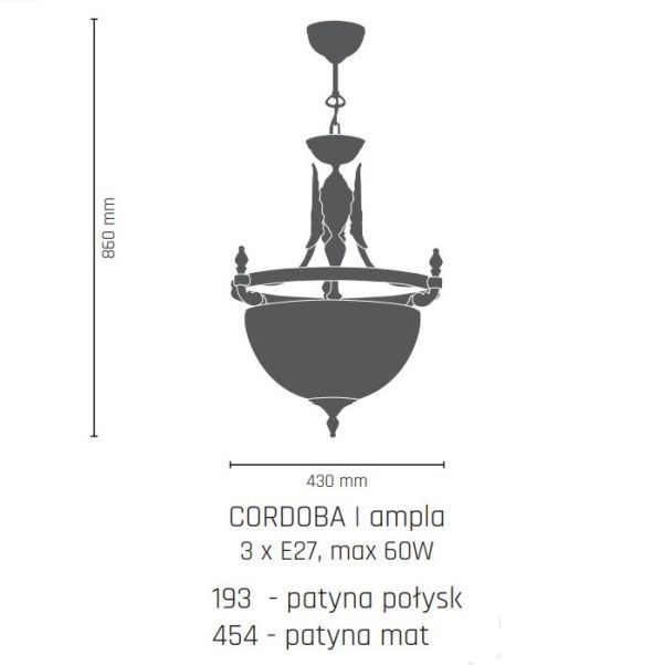 Lampa wisząca Cordoba I - duży klosz, patyna połysk - 1