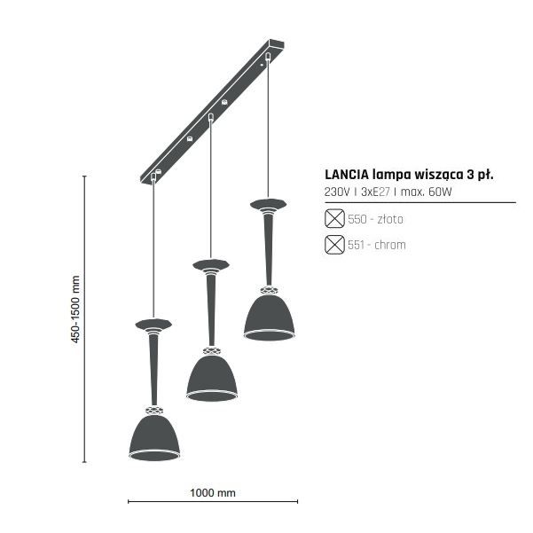 Lampa wisząca Lancia - chrom, 3 klosze - 1
