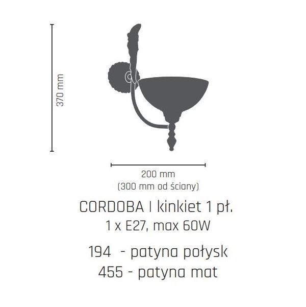 Klasyczny kinkiet Cordoba I - mleczny klosz, patyna połysk - 1