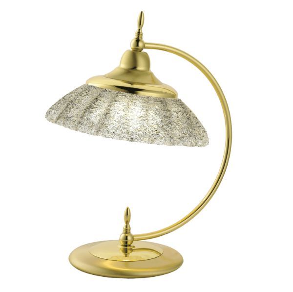 złota lampa stołowa z kryształowym kloszem