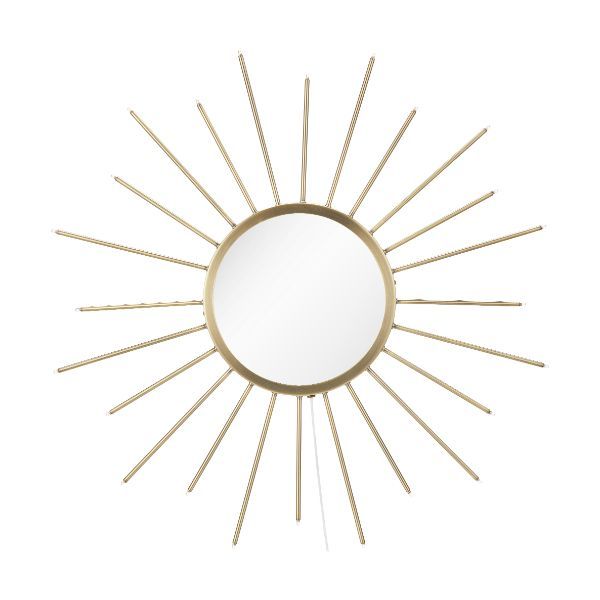 złote lustro w kształcie słońca podświetlane