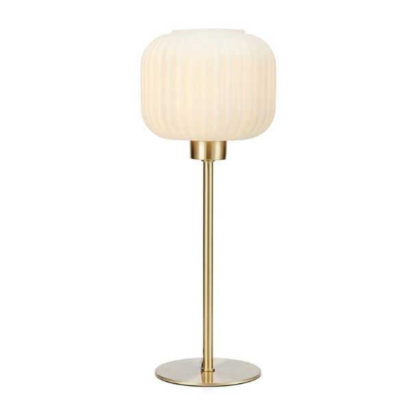 Złota lampa stołowa Sober - mleczny klosz, prążkowany