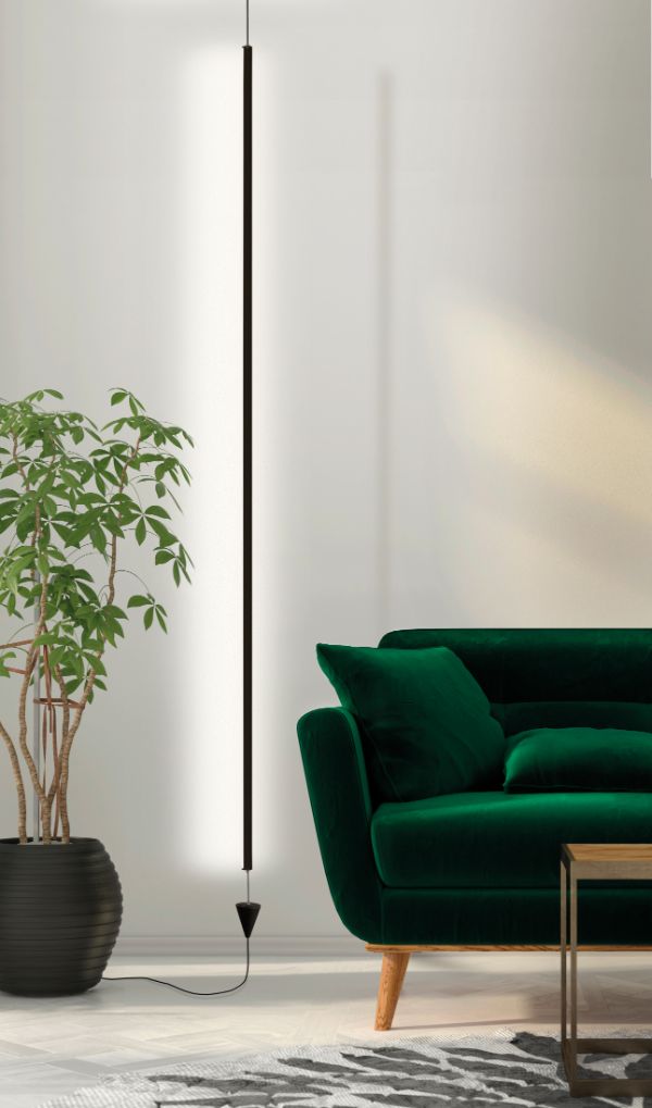 lampa wisząca czarna listwa zielona sofa