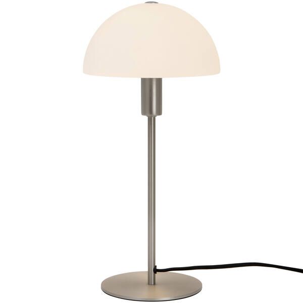 srebrna lampa stołowa z białym kapeluszem