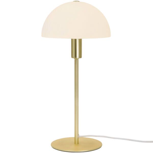 złota lampa stołowa z białym kloszem