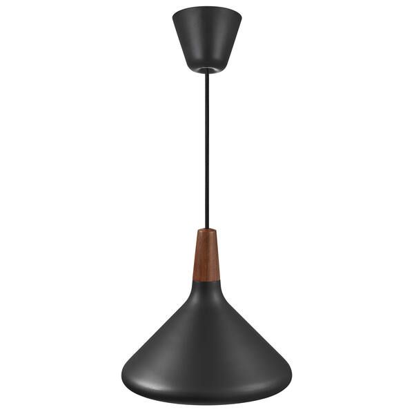 czarna metalowa lampa wisząca z drewnianym detalem