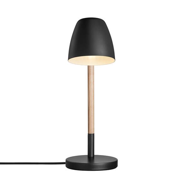 lampa stołowa z drewnianą podstawą