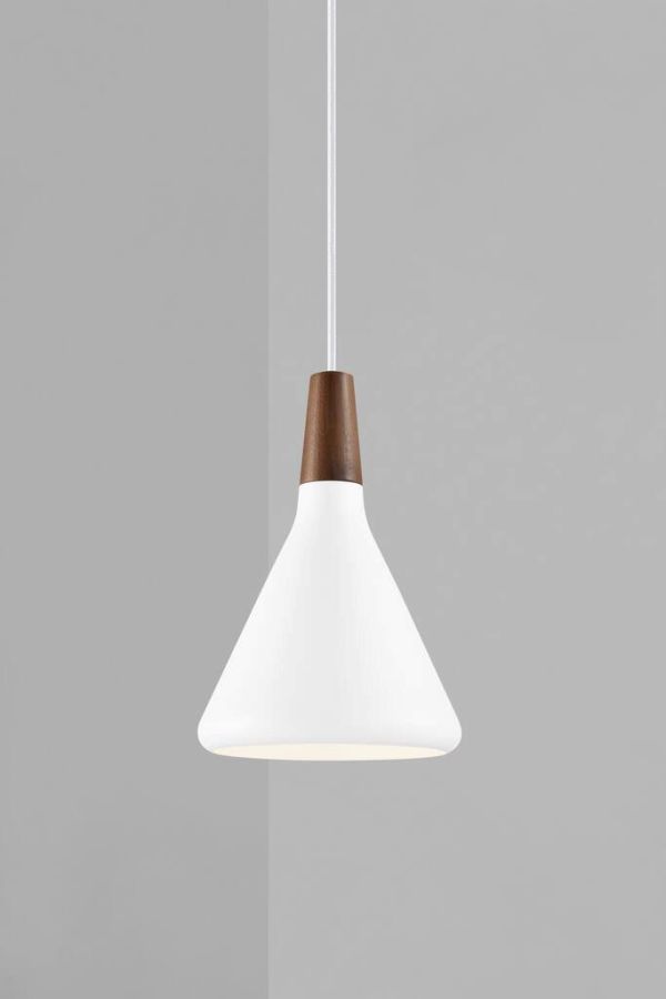 biała lampa stożek z drewnianym elementem