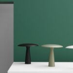lampy stołowe grzybki na zielonej ścianie