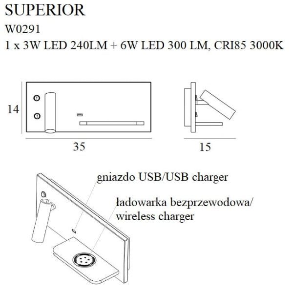 Biały kinkiet Superior - reflektor do czytania, port USB, ładowarka indukcyjna - 1