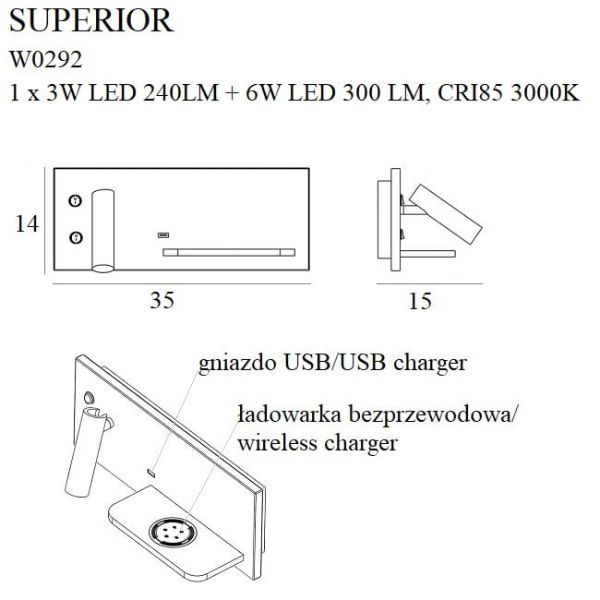 Czarny kinkiet Superior - port USB, ładowarka indukcyjna - 1