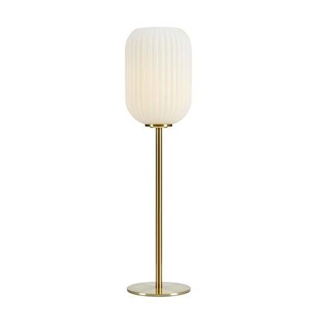 Lampa stołowa na złotej podstawie z kloszem białym