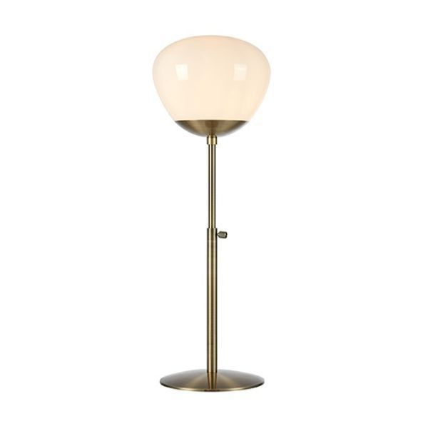 Lampa stołowa na złotej podstawie z mlecznym kloszem