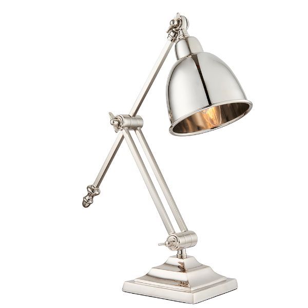 Srebrna lampa stołowa z kloszem i żarówką