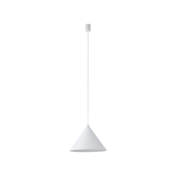 Biała lampa wisząca z kloszem w kształcie stożka