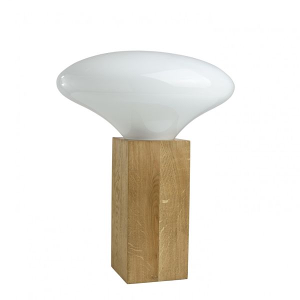 Lampa stołowa drewniana z kloszem nieregularnym