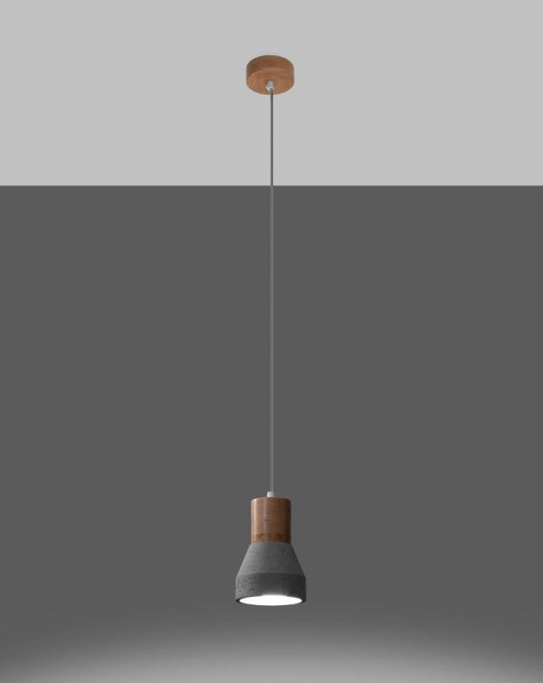 Lampa wisząca z betonowym kloszem i drewnianą oprawką