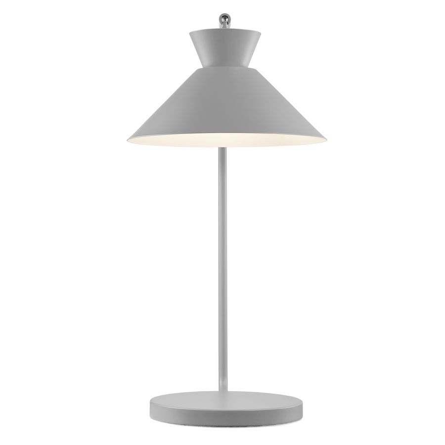 Biurkowa lampa w szarym kolorze z szerokim kloszem