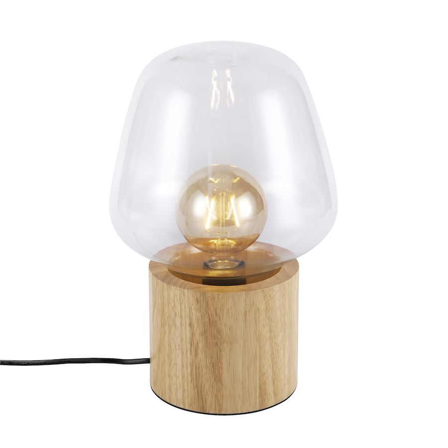 Stołowa lampa z drewnianą podstawą i transparentnym kloszem