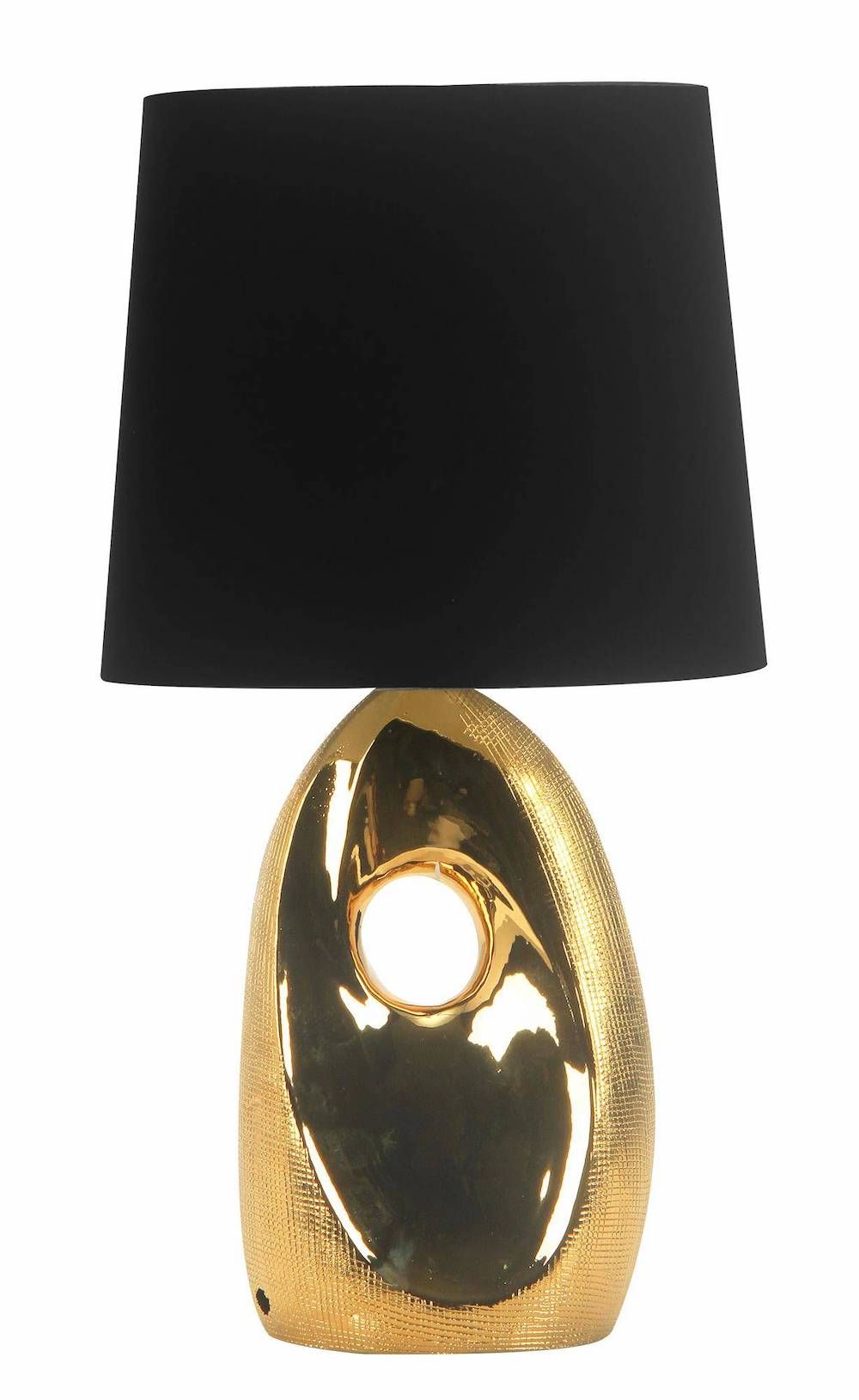 Nowoczesna lampa stołowa z czarnym abażurem i dekoracyjną złotą podstawą