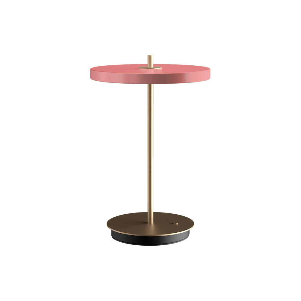 Lampa stołowa na złotej podstawie z kloszem różowym