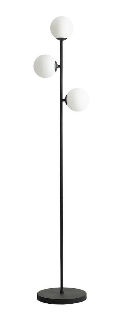 Czarna lampa podłogowa - kule - Libra, 3 białe klosze