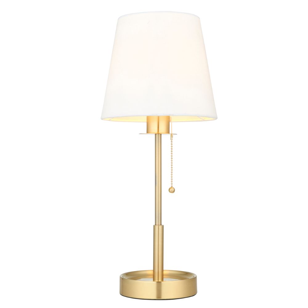 złota lampa stołowa z białym abażurem