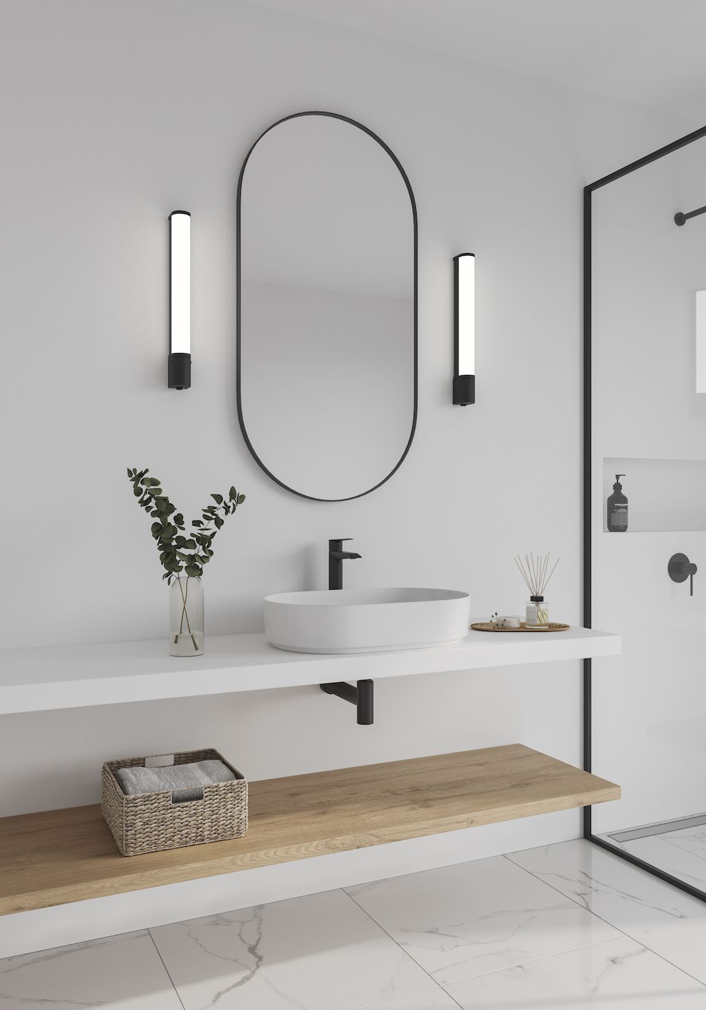 Kinkiety nowoczesne minimalistyczne w łazience obok lustra
