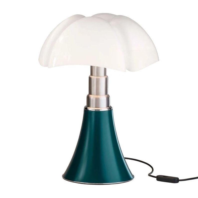 zielona lampa stołowa z białym kloszem
