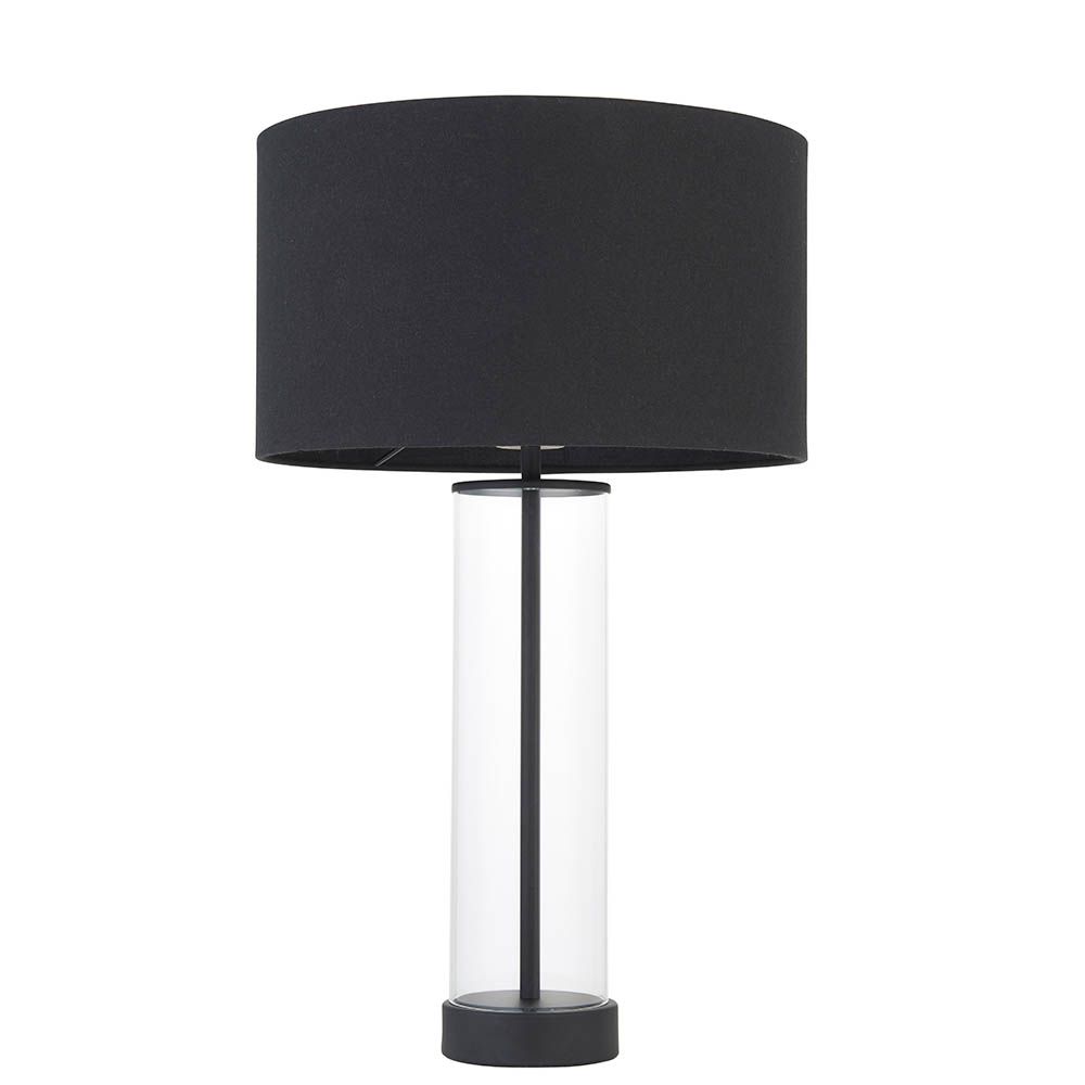 szklana lampa stołowa z czarnym abażurem do sypialni