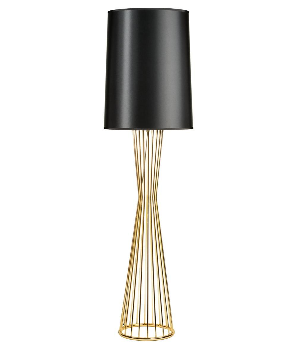 nowoczesna złota lampa podłogowa z czarnym abażurem do sypialni