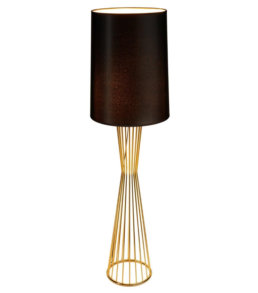 złota lampa podłogowa z czarnym abażurem do salonu