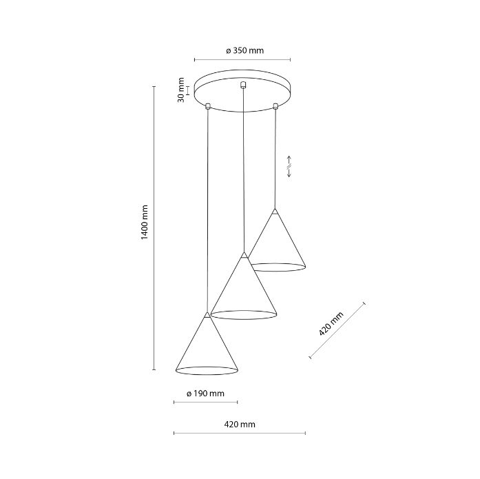 Potrójna lampa sufitowa wisząca Cono TK - wymiary