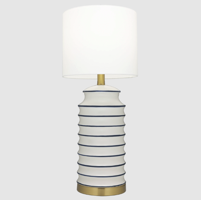 Lampa stołowa w stylu Hamptons Coastal - ceramiczna z materiałowym abażurem