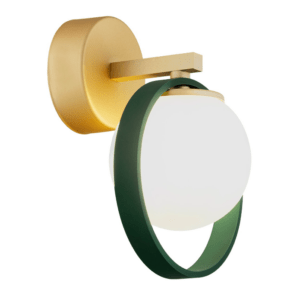 Złoty kinkiet z zieloną obręczą Saturnia - biała kula