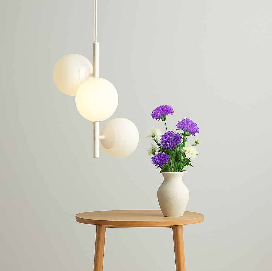Prosta lampa wisząca do jadalni Fin M - biała, 3 klosze kule