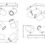 Czarny 4-punktowy plafon sufitowy Marley 4 - wymiary techniczne