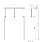 Podłużna lampa wisząca Lungo - 3 smukłe czarne tuby - wymiary