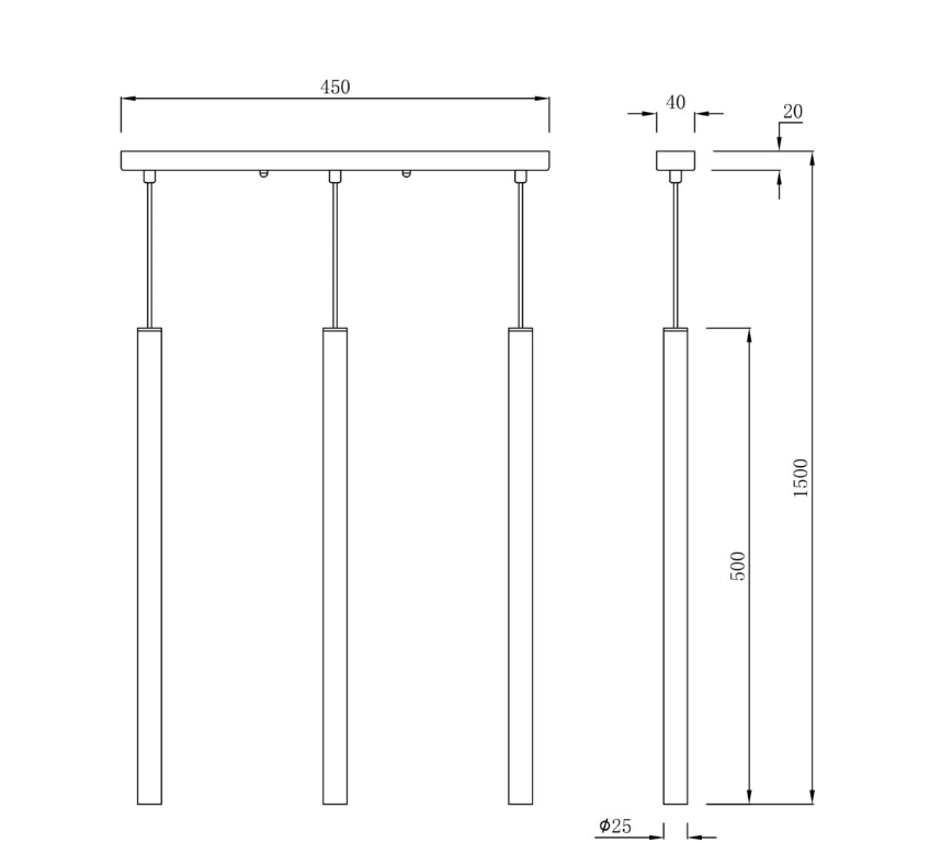 Podłużna lampa wisząca Lungo - 3 smukłe czarne tuby - wymiary