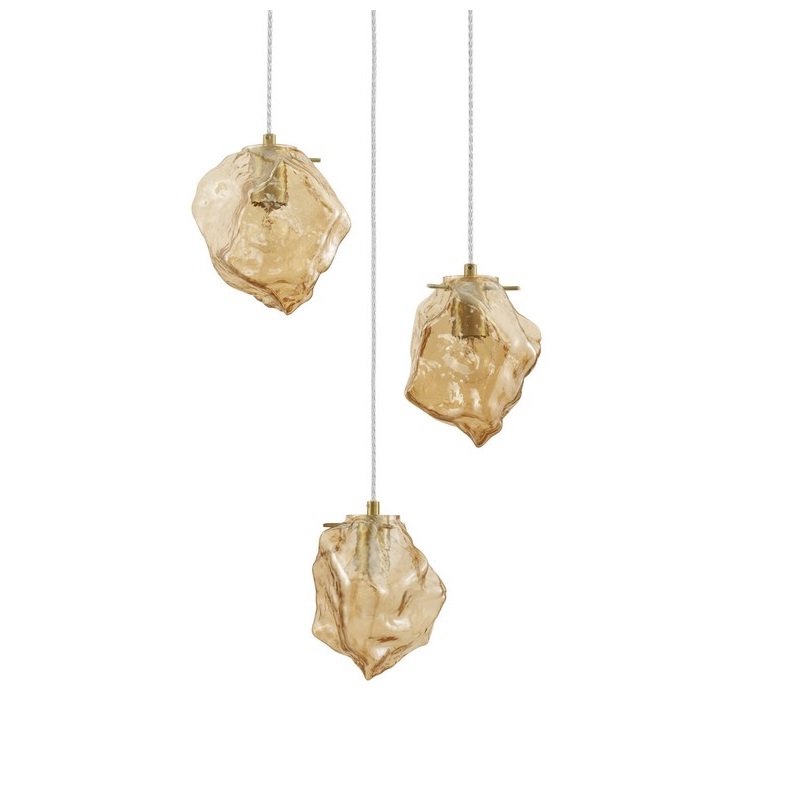 Złota lampa wisząca art deco Etuda 3 - bursztynowe klosze